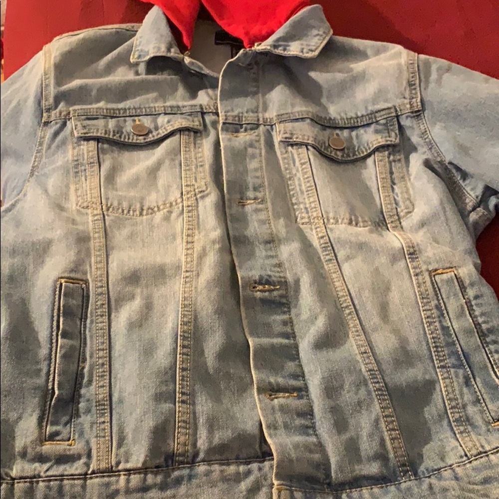 Denim Jacket /detachable red hood.